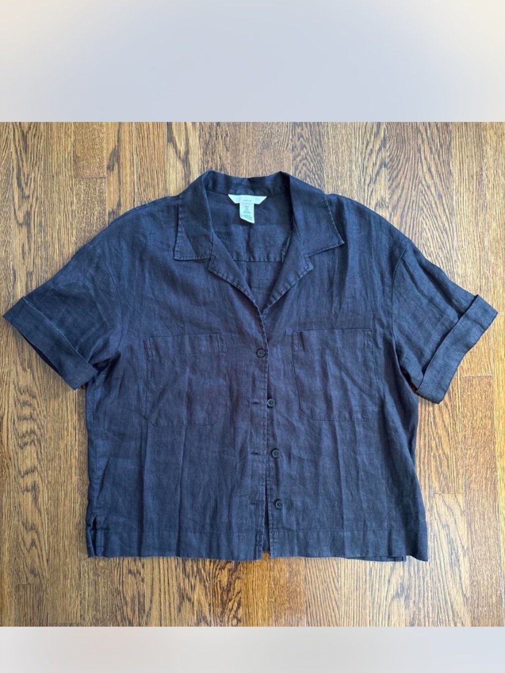 Linen Black Short-Sleeve Button Down Top